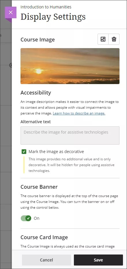 Imagen del panel de configuración de pantalla, que muestra la imagen del banner del curso de cielo nube sobre las diferentes opciones de configuración