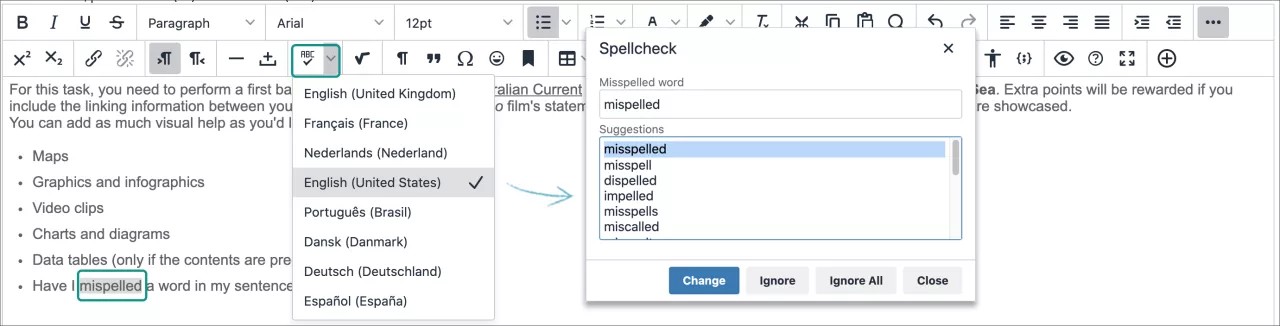 Ejemplo de menú de ortografía del editor de contenido