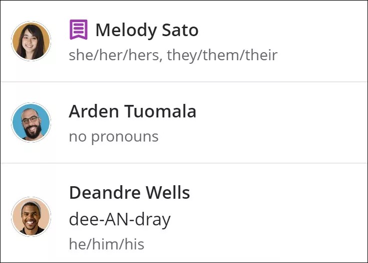 La lista de nombres de los estudiantes. Hay un ícono de excepción morado, pronombres debajo del nombre de cada estudiante y un estudiante que ha agregado pronunciación.