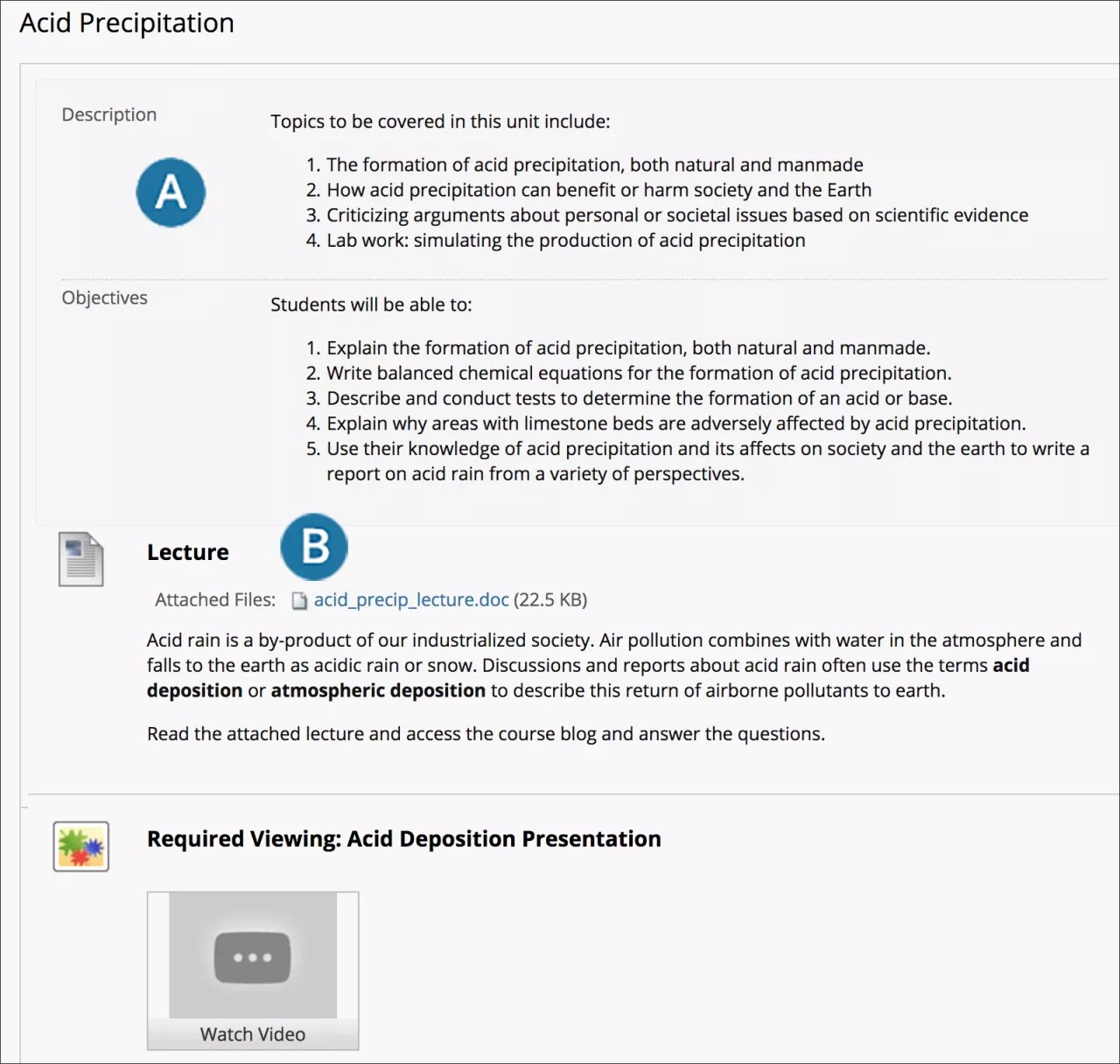 Un plan de lección sobre la precipitación ácida tal como se presenta a un estudiante, con el perfil de la lección y los objetivos de instrucción en la parte superior de la página y el contenido en la parte inferior de la página.