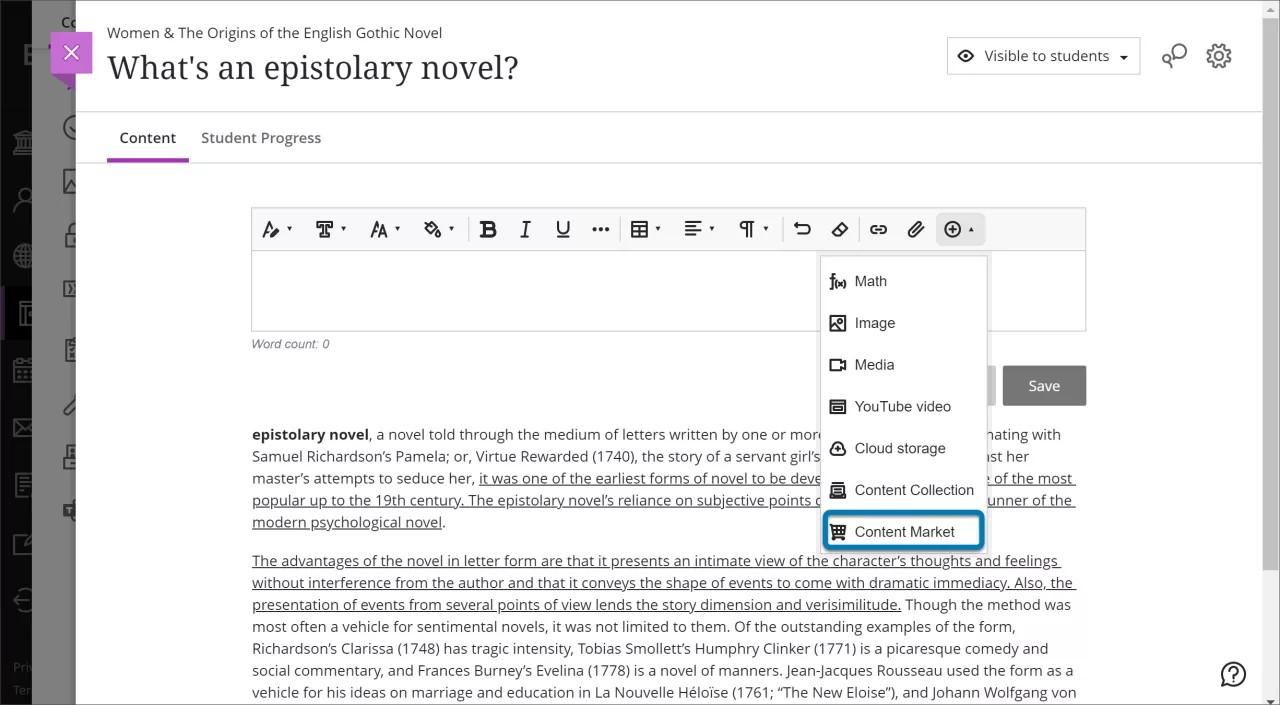 Imagen de la opción de mercado de contenido seleccionada en el editor de contenido de una evaluación.