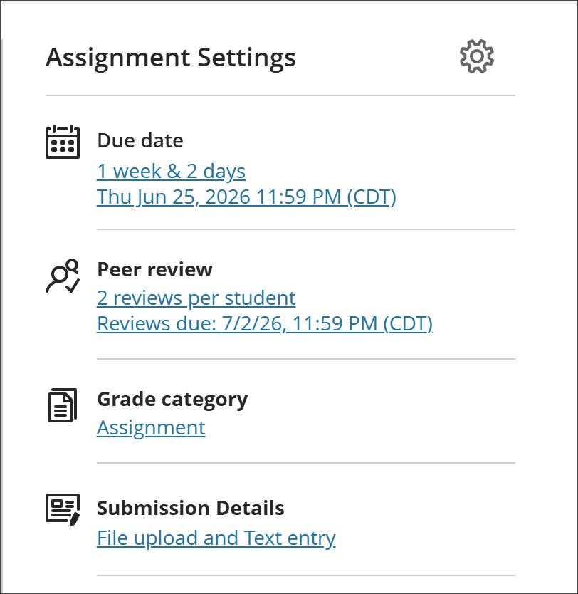 La sección «Configuración de la tarea» muestra las opciones disponibles para la revisión entre compañeros.