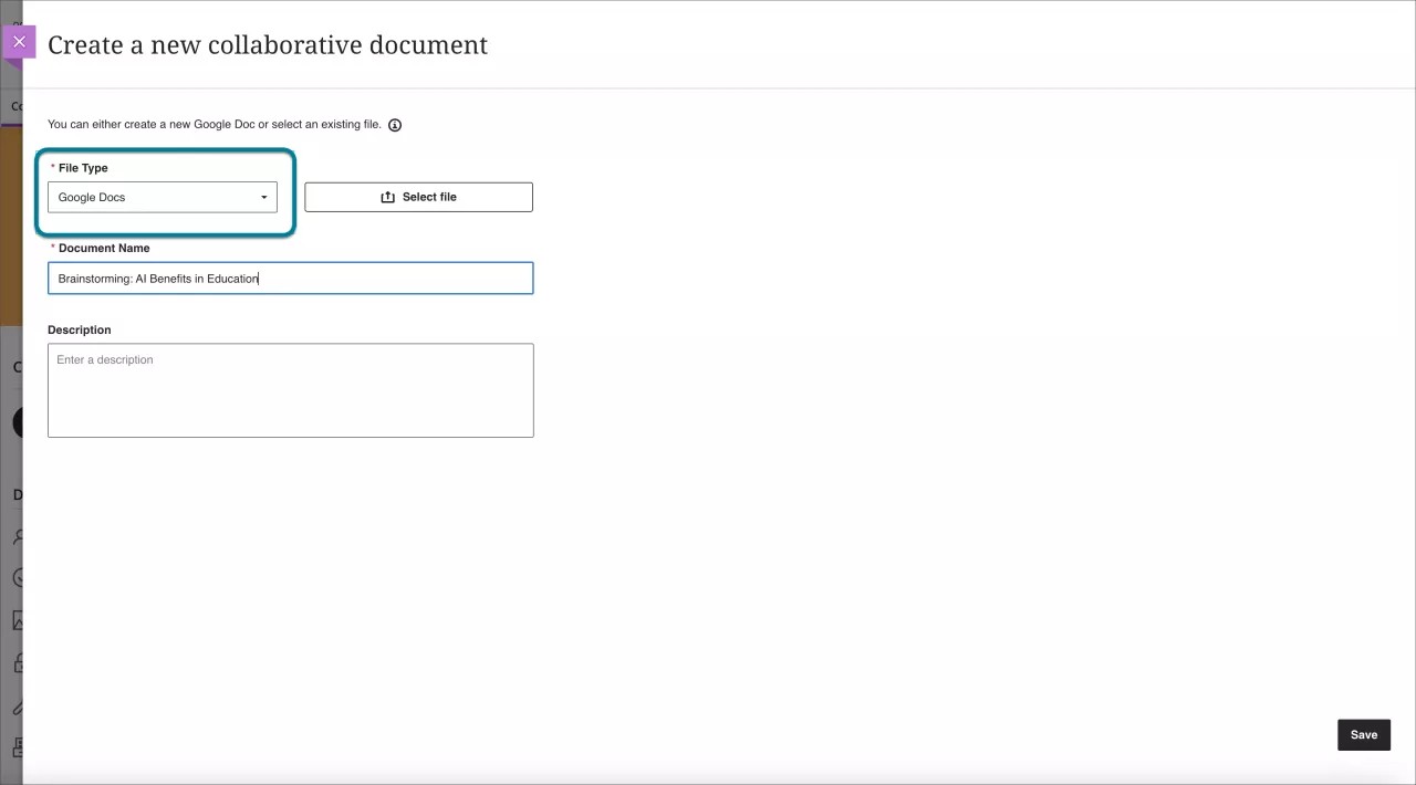 Crear una nueva página de documento colaborativo con el tipo de archivo resaltado