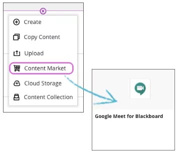Menú desplegable Crear contenido con Content Market resaltado. Una flecha apunta al ícono de Google Meet para Blackboard.