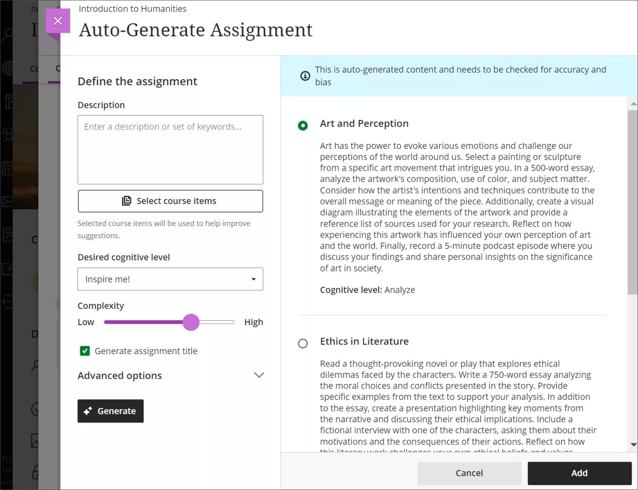 Página Generar actividad automáticamente, con dos actividades generadas automáticamente junto a las opciones de personalización