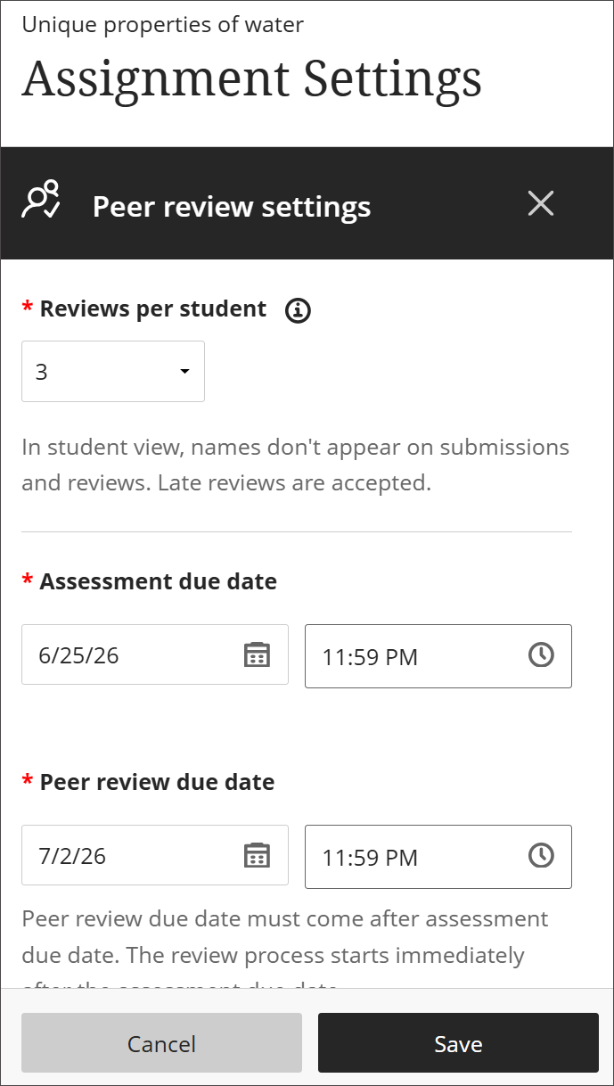 Panel de configuración de «revisión entre compañeros» en «Configuración de la tarea», donde puede establecer el número de revisiones por estudiante y las fechas de entrega.