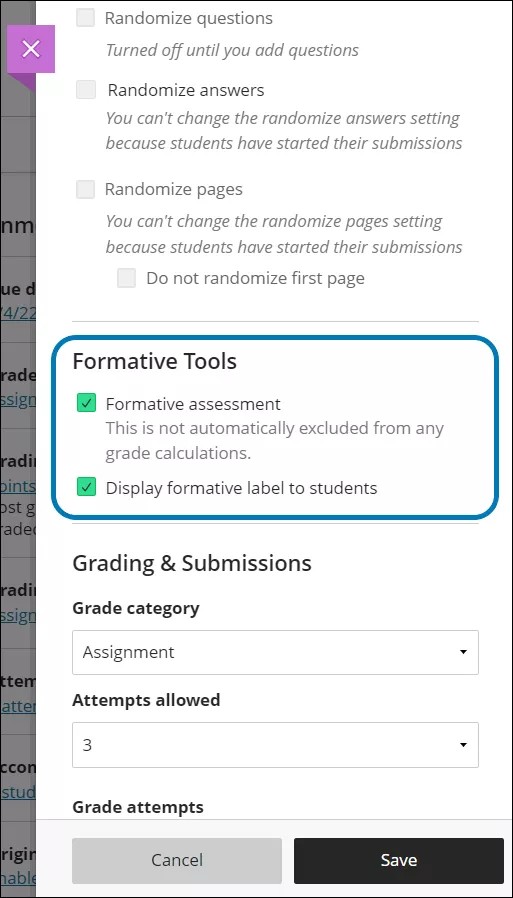 Debajo del panel de configuración están las secciones "Herramientas formativas". Tiene dos opciones seleccionables "Evaluación formativa" y "Mostrar etiqueta formativa a los estudiantes".
