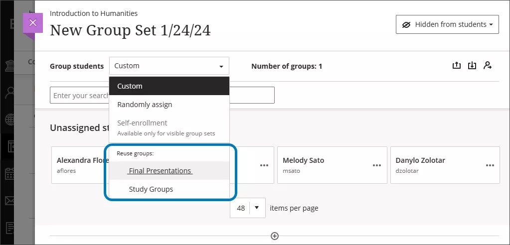 Reutilizar la configuración del conjunto de grupos en la página Conjunto de grupos