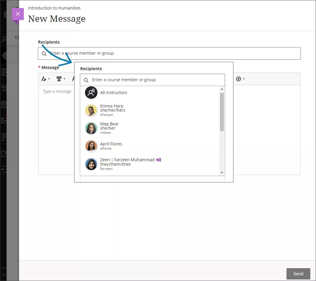Página para crear un mensaje nuevo con una flecha azul que indica la lista de destinatarios potenciales que puede seleccionar.