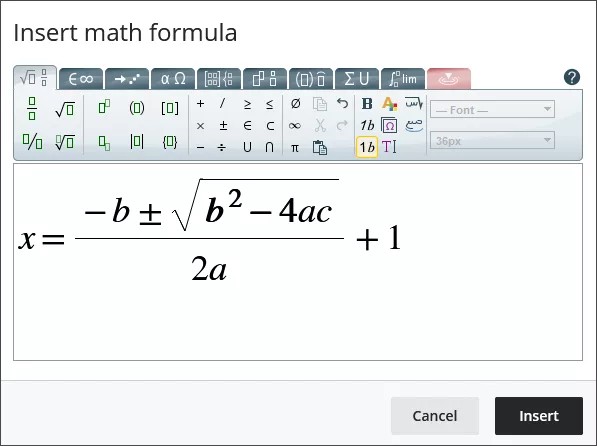 Imagen de la fórmula cuadrática más una en el editor de matemáticas, con un tamaño de fuente grande y raíz cuadrada en negrita
