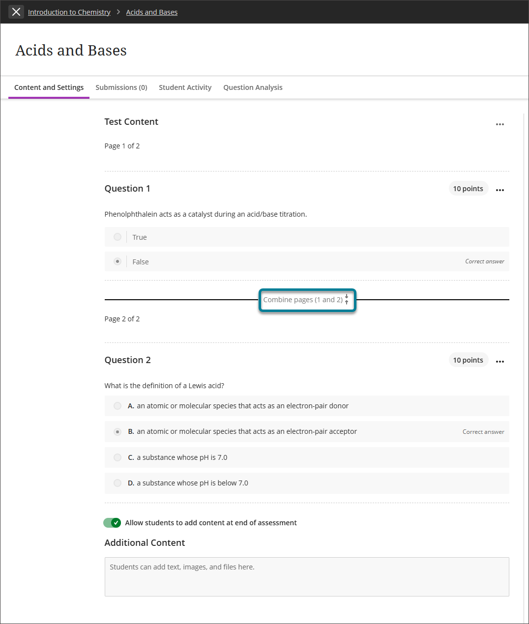 La página «Test», en la que se muestran dos páginas de preguntas de prueba y la opción «Combinar páginas» aparece resaltada con un recuadro.