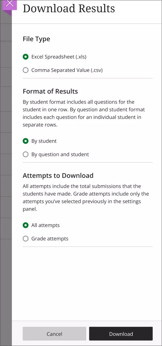 Estos son los tipos de archivos, formatos e intentos que tiene para descargar los resultados.