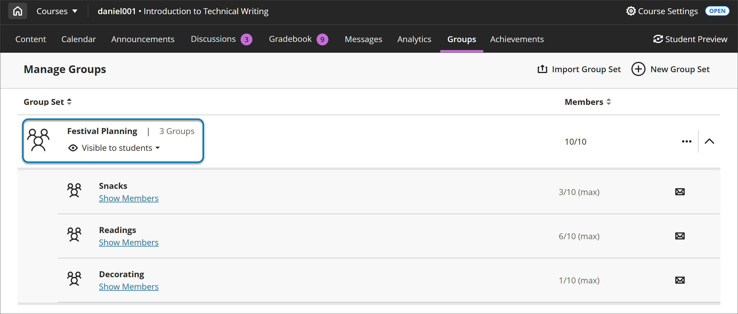Administrar grupos en un curso de Blackboard. El nombre del conjunto de grupos está resaltado. Hay tres grupos dentro de este conjunto.