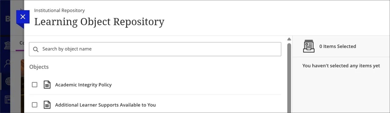El repositorio de objeto de aprendizaje, con un campo de búsqueda y una lista de documentos
