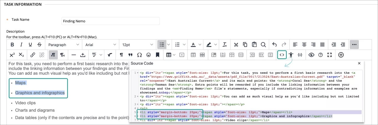 Ejemplo de editor de contenido para espaciar elementos de lista a través de la vista de código.