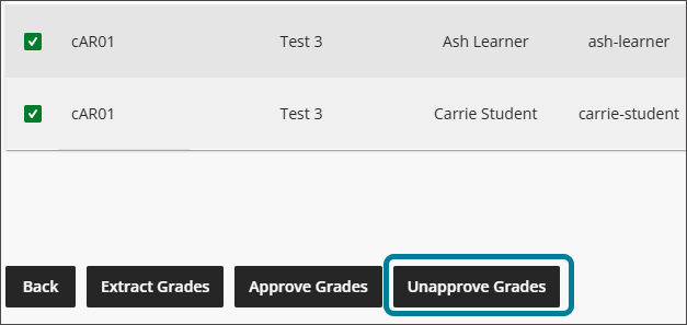 Se seleccionan el examen 3 para Ash alumno y el examen 3 para Carrie alumno. Hay botones Atrás, Extraer calificaciones, Aprobar calificaciones y Desaprobar calificaciones en la parte inferior. Desaprobar calificaciones se resalta en azul.