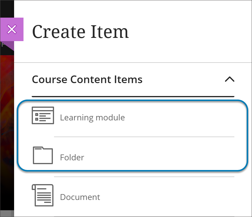 Página de contenido del curso, con el menú desplegable Crear elemento abierto y las opciones Carpeta y Módulo de aprendizaje resaltadas a la derecha