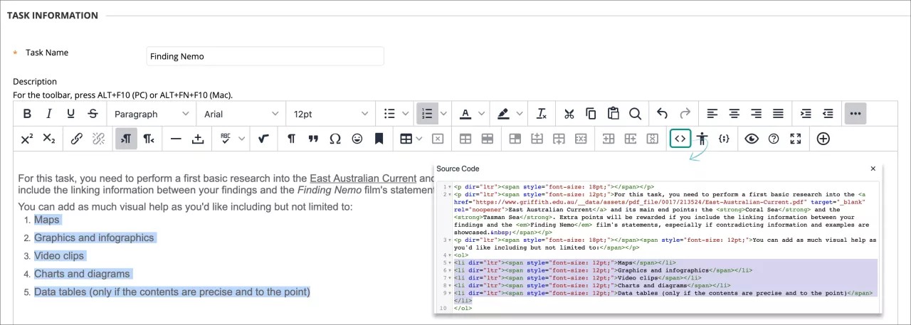 Ejemplo de editor de contenido para espaciar elementos de lista.