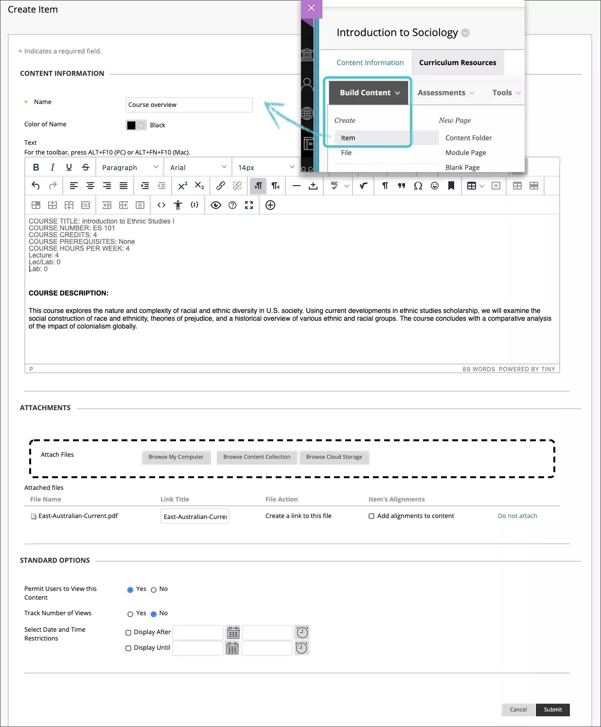 Opción Crear elemento de contenido