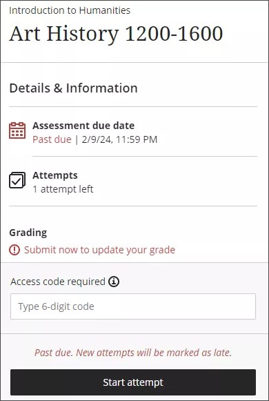 Vista del estudiante que requiere código de acceso