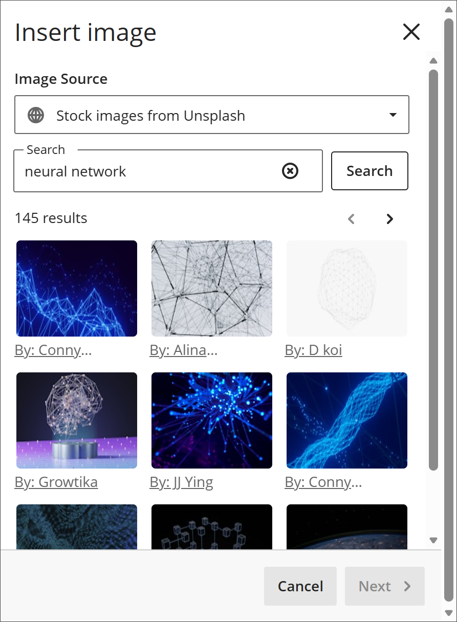 Las opciones emergentes de Insertar imagen para Unsplash