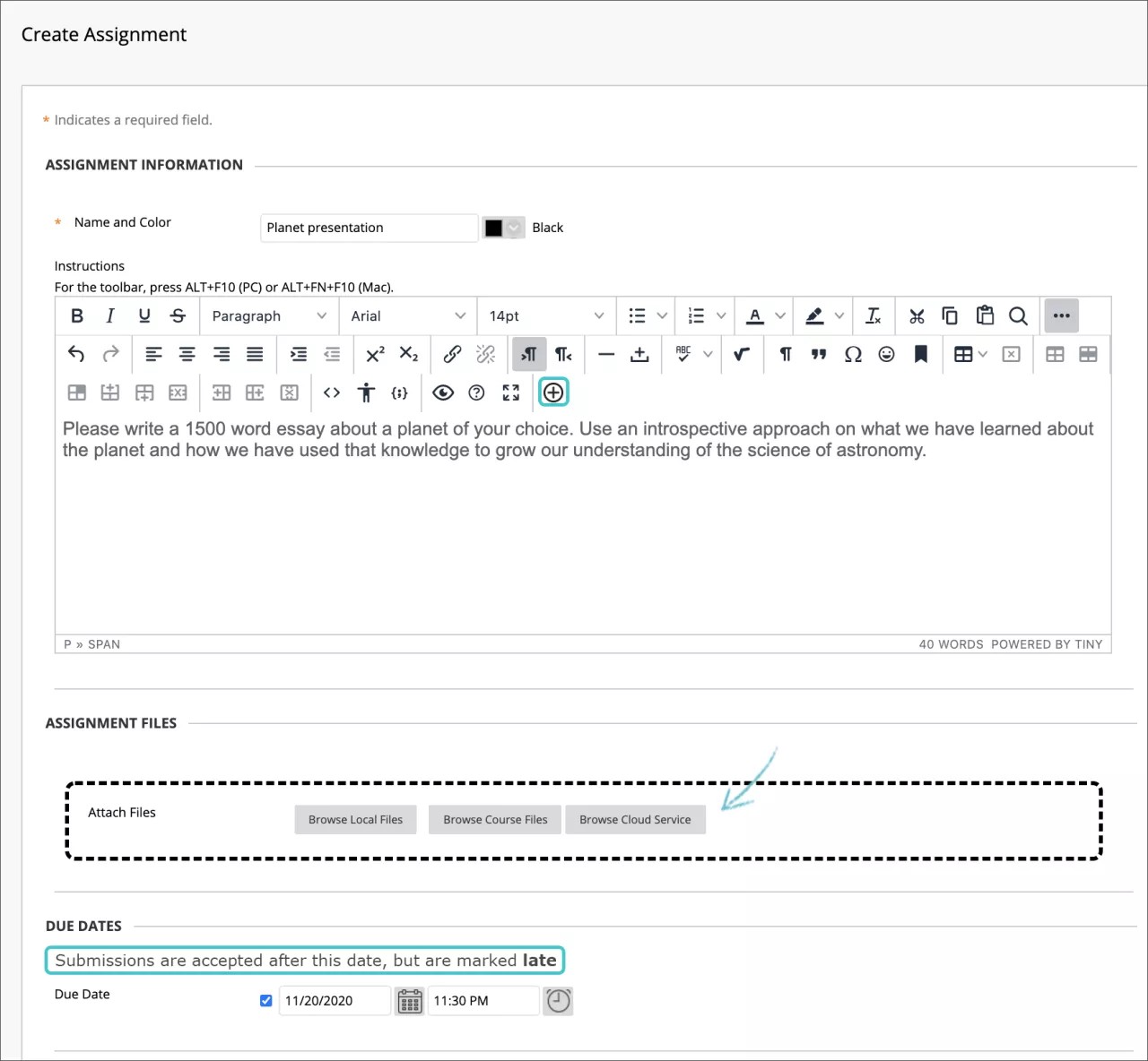 Crear página de actividad que muestra el área donde puede adjuntar un archivo.