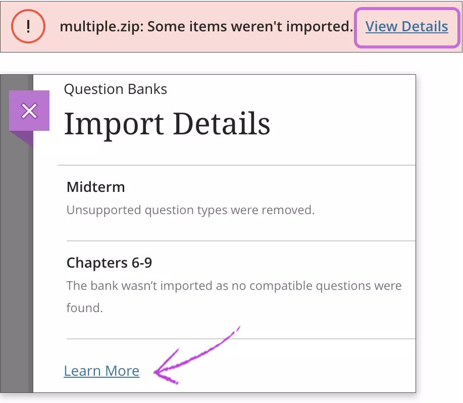 Alerta que indica que el tipo de archivo no es compatible, con un enlace para obtener más información