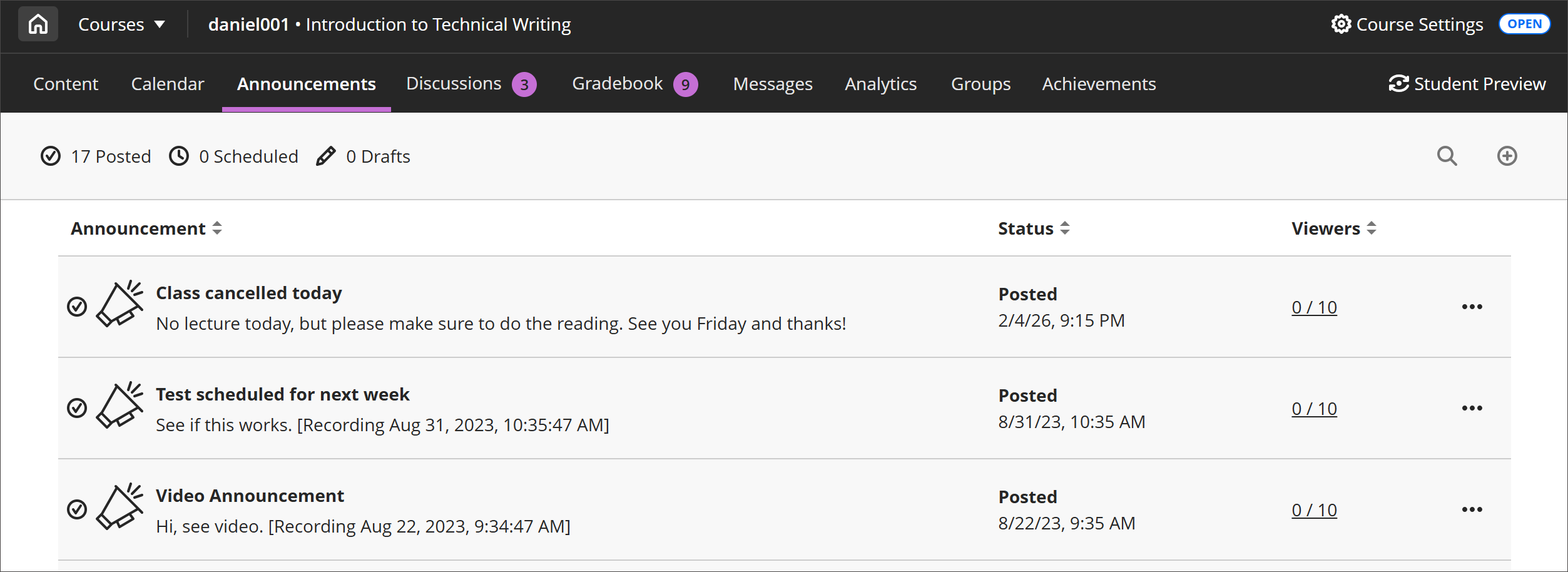 Announcements page, with one read announcement, two unread announcements, and one scheduled announcement