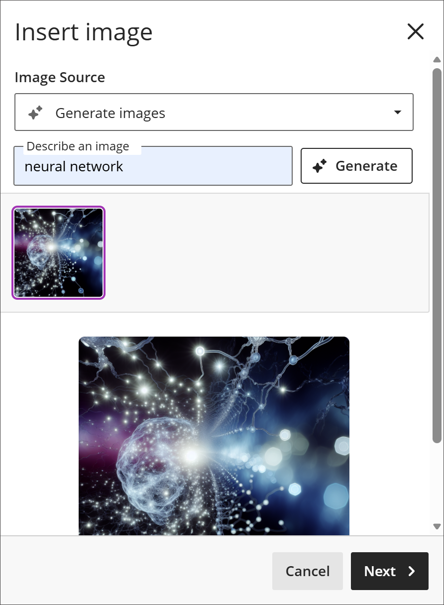 The Insert Image panel, with an image of a neural network from the prompt 'neural network'