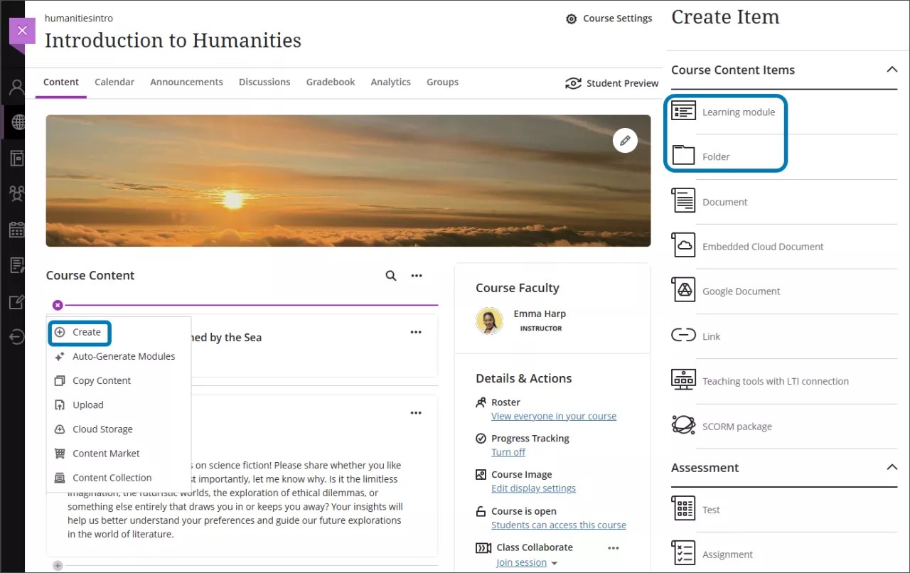 Course content page, with the dropdown Create Item menu open and the Folder and Learning Module options highlighted on the right