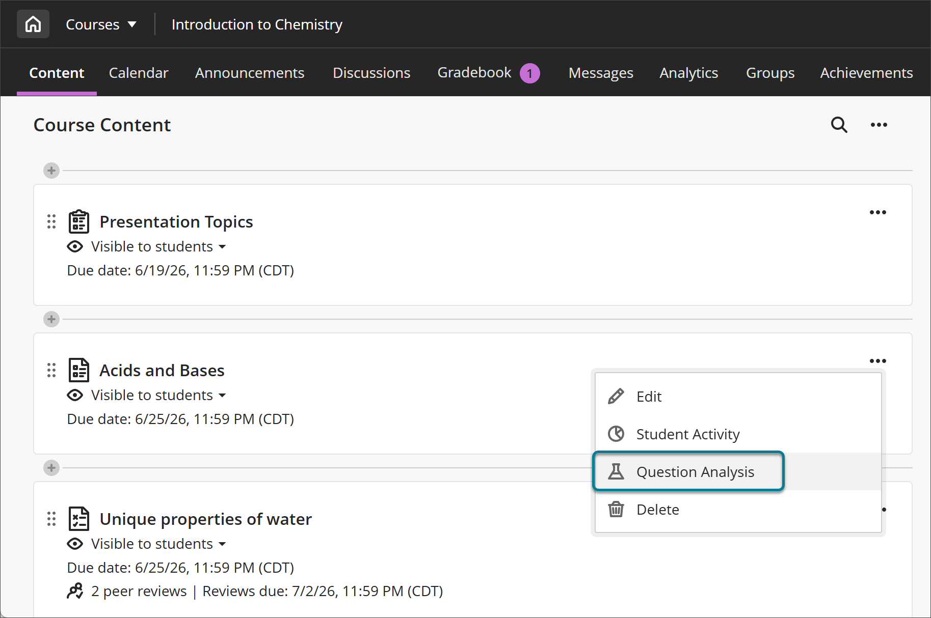 Highlighted question analysis option from a particular test menu.
