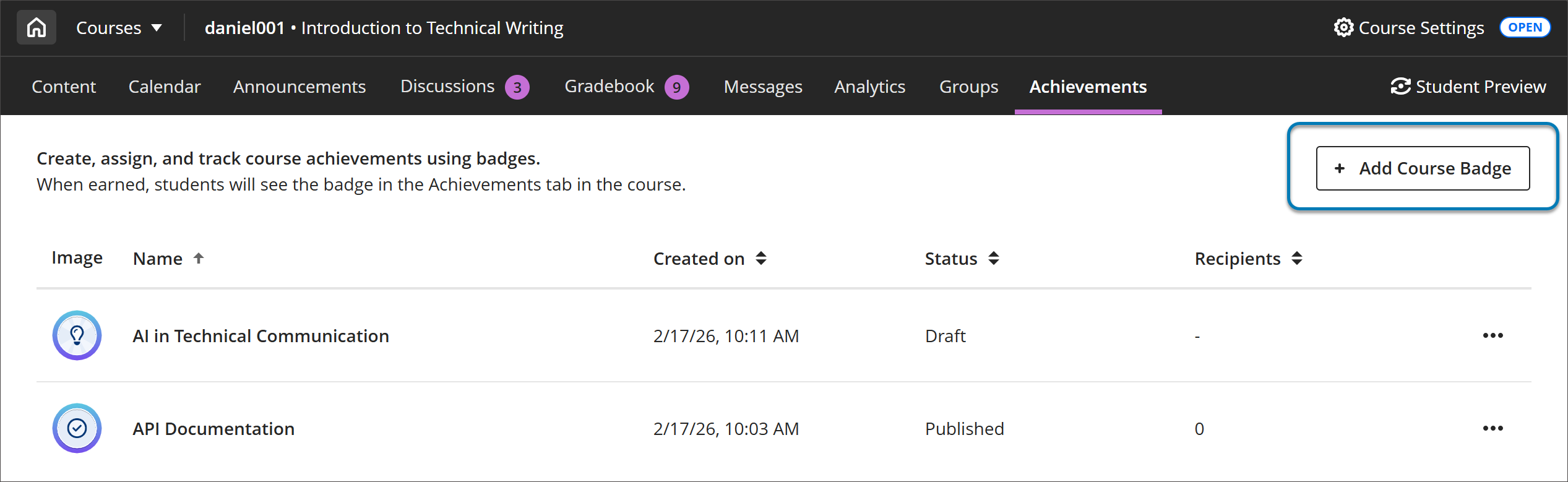 Achievements tab, with one course badge finalized. The Add Course Badge button is highlighted with a blue box outlined around it.