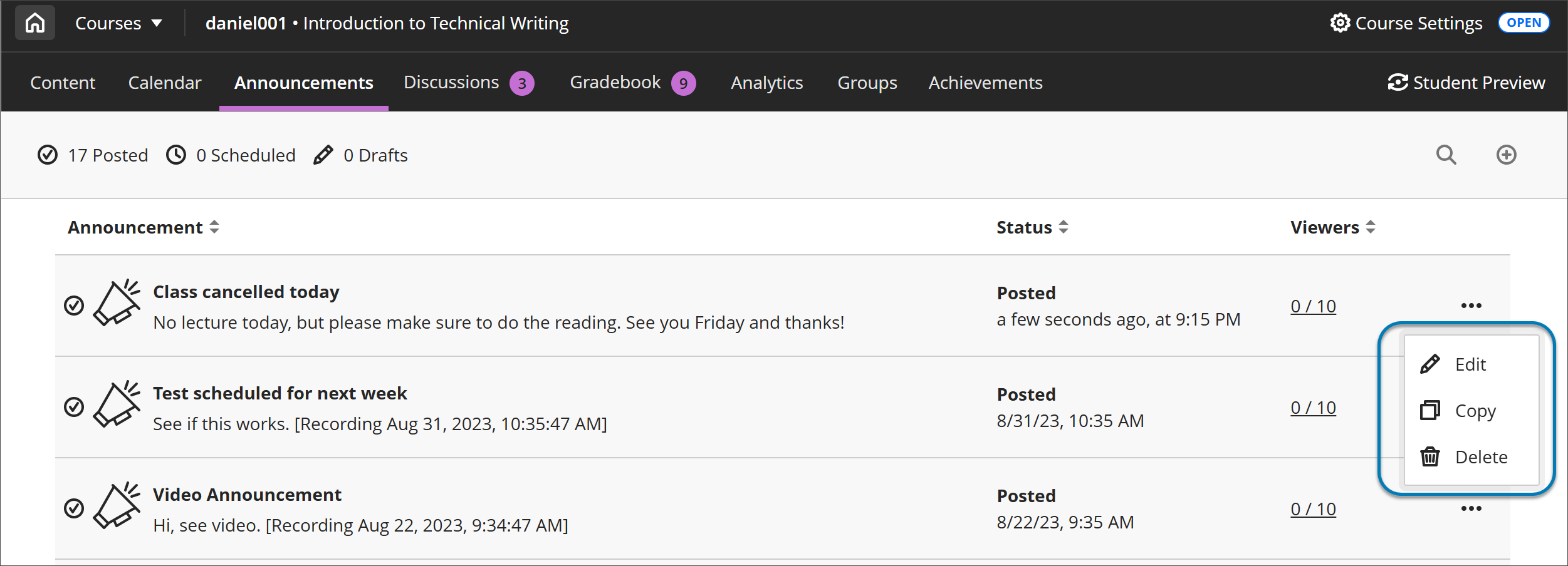 Announcements page with the More options menu open and highlighted