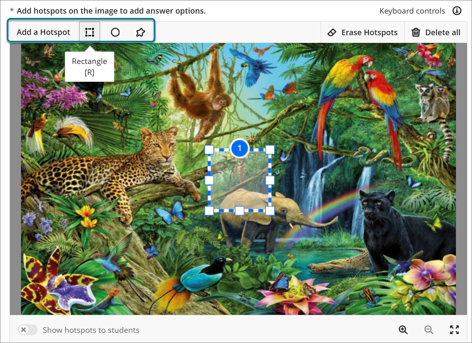 The options for adding hotspots to an image of animals in a rainforest setting. Highlighted with a box on the toolbar is "Add a Hotpot" with images of a rectangle, a circle, and a polygon. The rectangle is selected and a tooltip that says "Rectangle (R)" is displayed. There is a rectangular hotspot on the image, numbered 1.