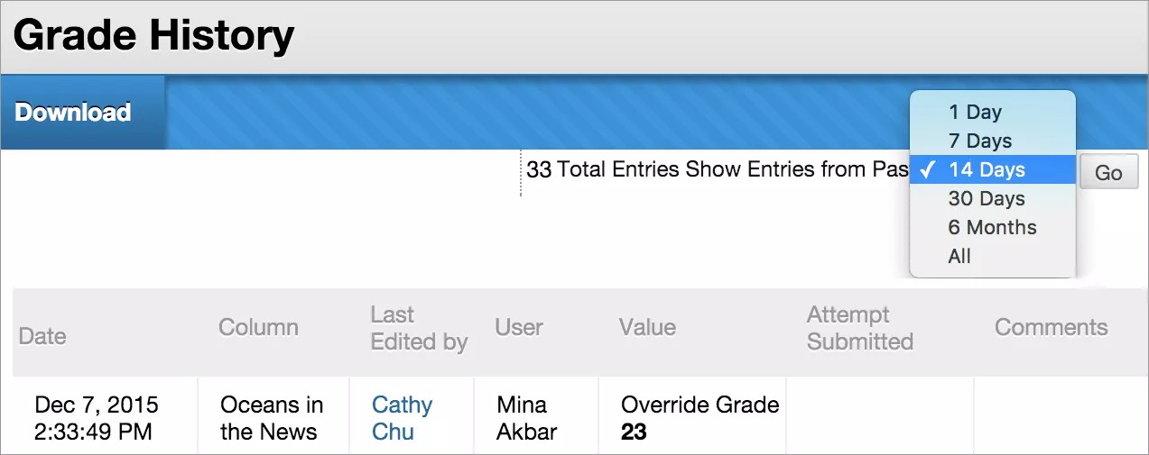 Grade History screen with date options