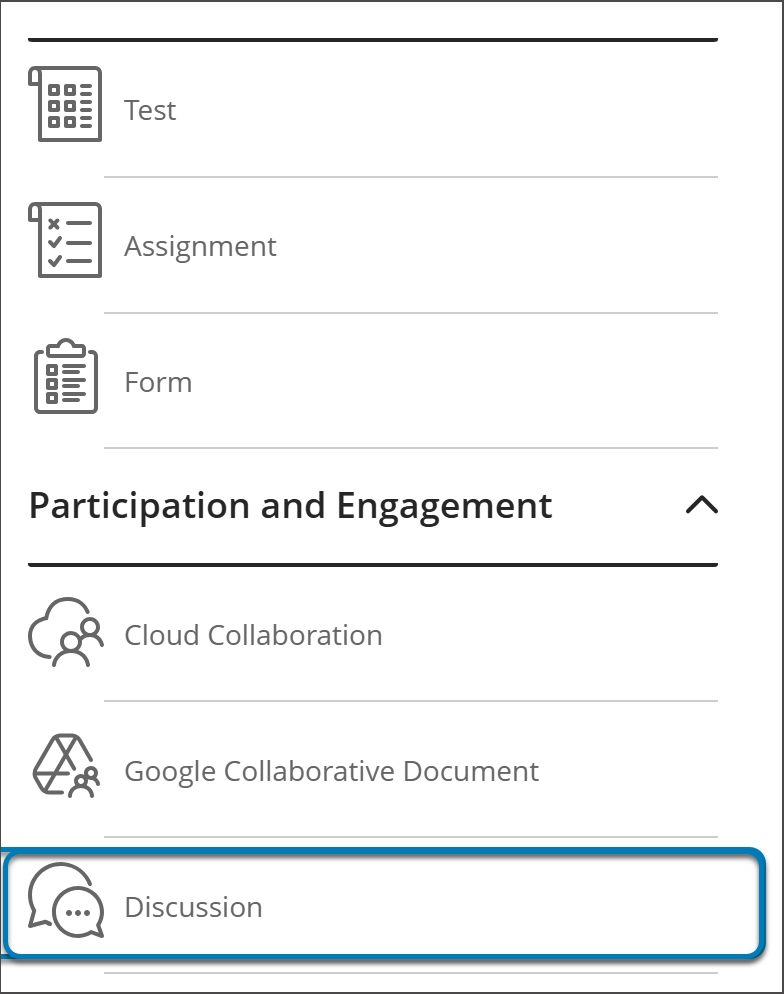 Create Item panel, with Participation and Engagement highlighted over the Discussions option