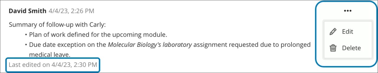 Close-up of a note left previously. The ellipsis menu has a dropdown list featuring icons for Edit and Delete. The timestamp for when the note was last edited is outlined with a blue rectangle.