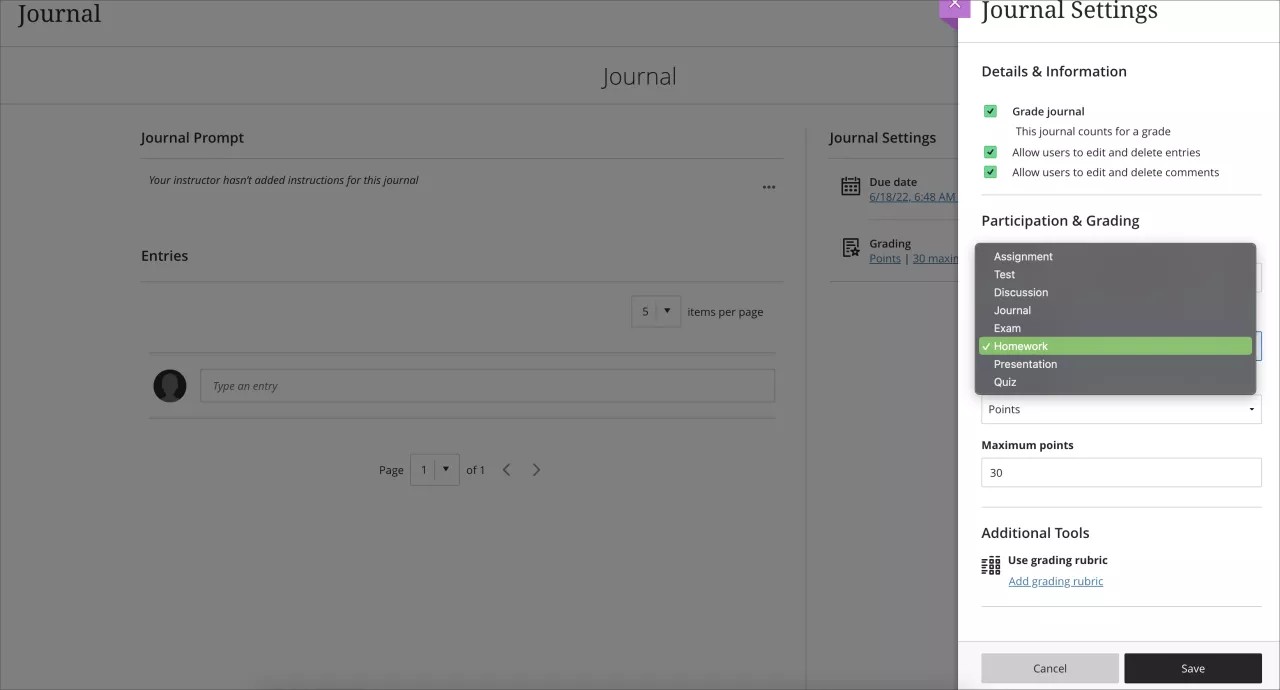 The Journal Settings panel showing the Grade Journal option selected.