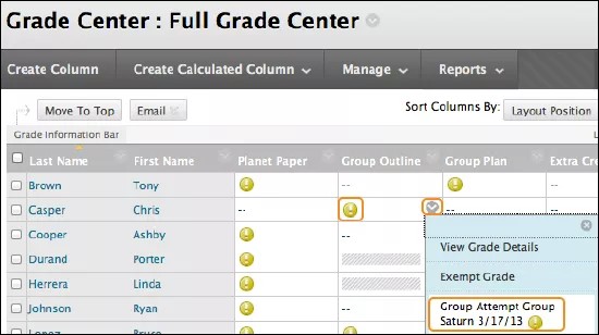 Full Grade Center view with group assignment milestones and their status