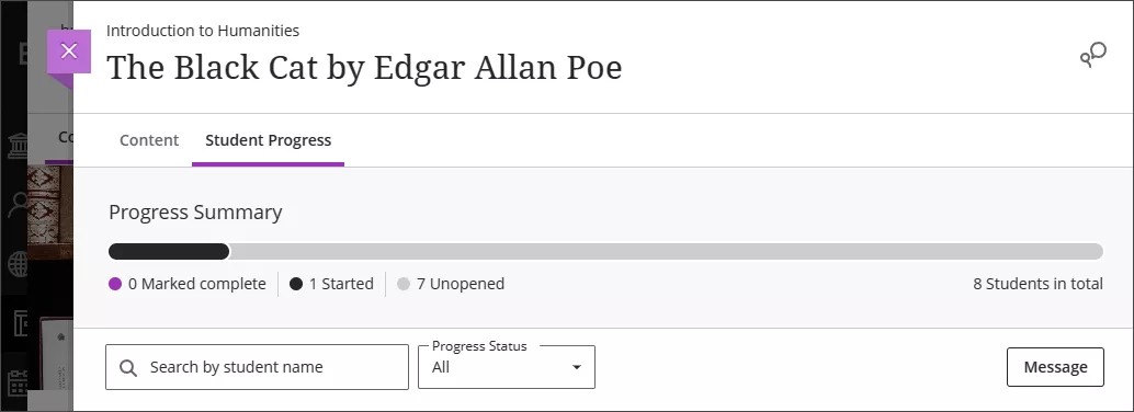The page for an Ultra Document, showing the tab for the Content and then the Student Progress tab beside it