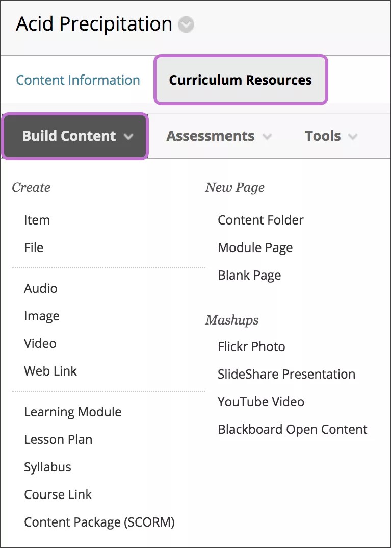 The Build Content menu expanded.