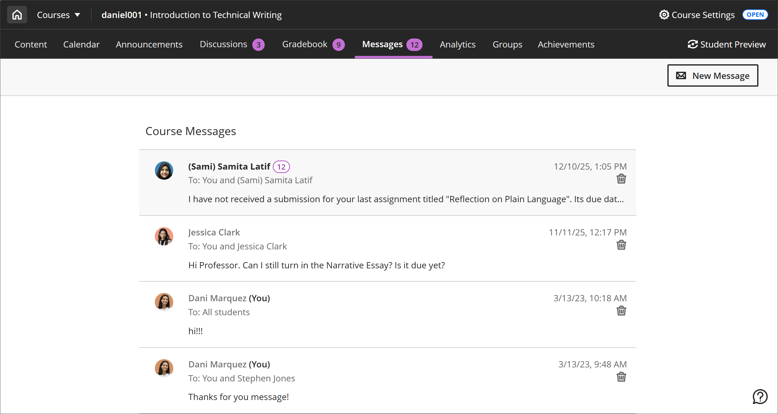 The Messages page. There are several messages in a list. The top one has a number 12 beside it and a darker background with bold text in comparison to the others.