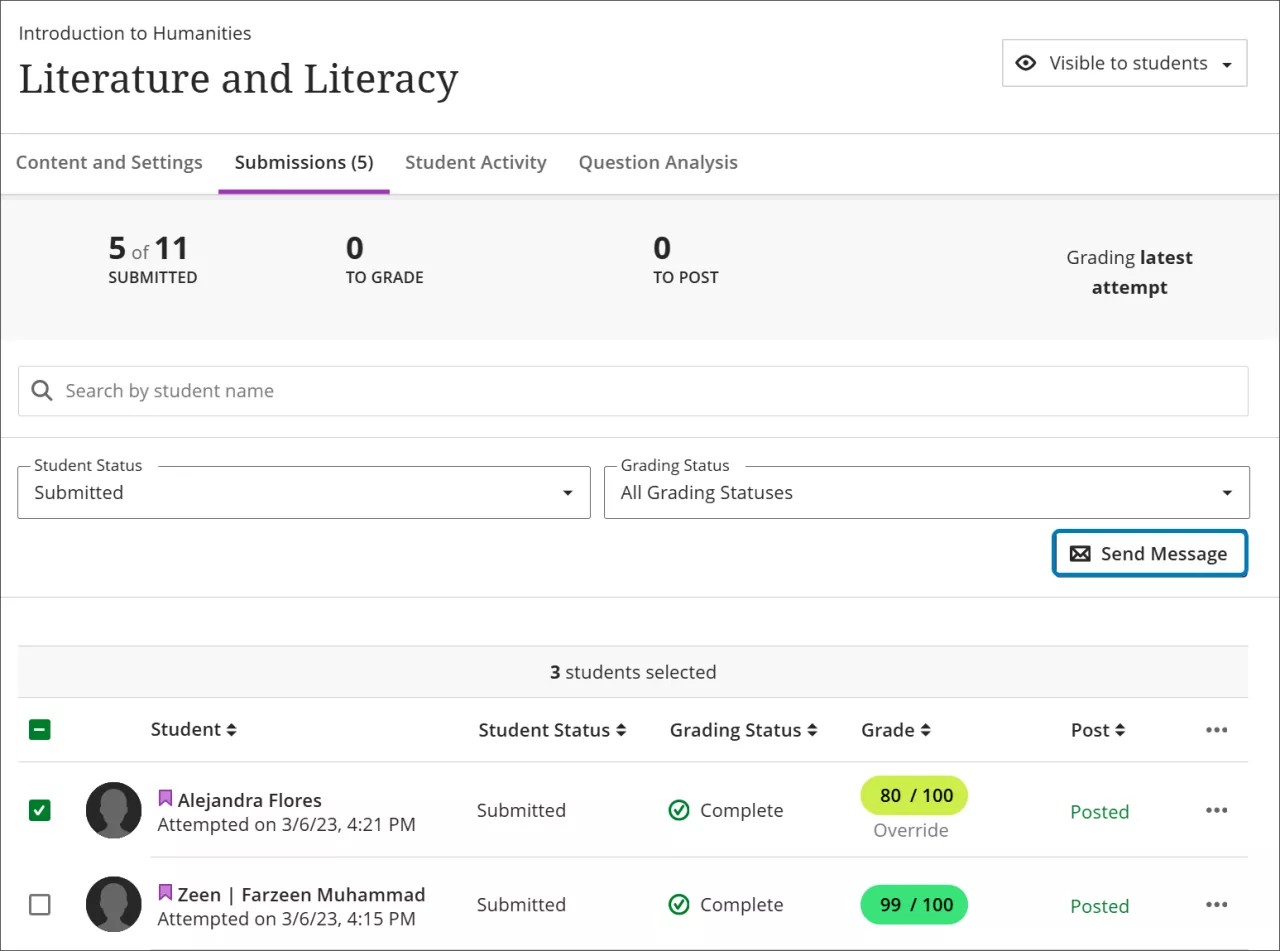 The Submissions page, with the Send message button highlighted above the list of students