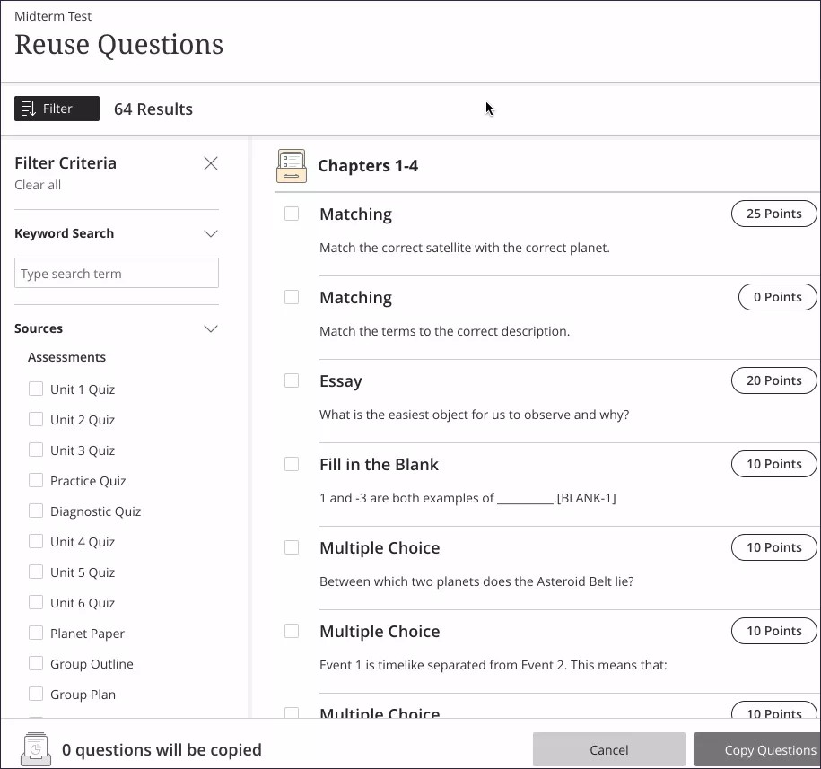 Reuse questions panel open highlighting everything in the Filter panel