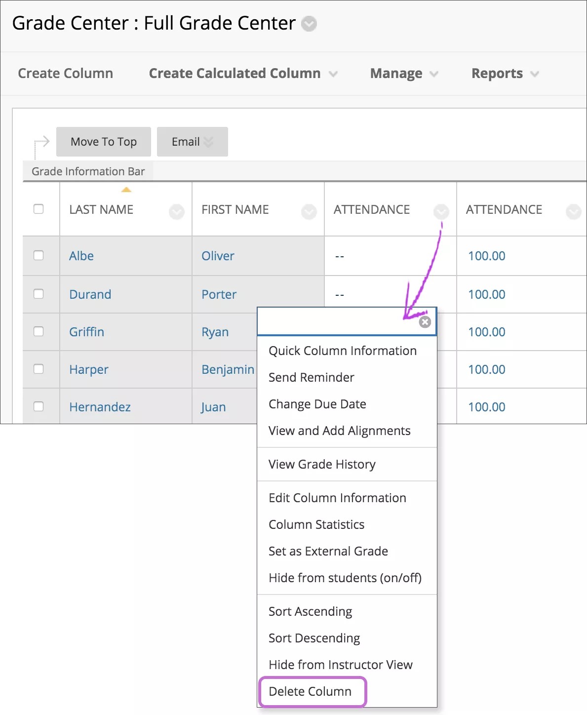 Select Attendance then select Delete Column