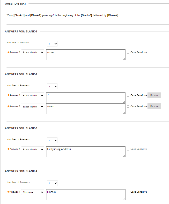 Answers for a multiple blanks question defined by variables