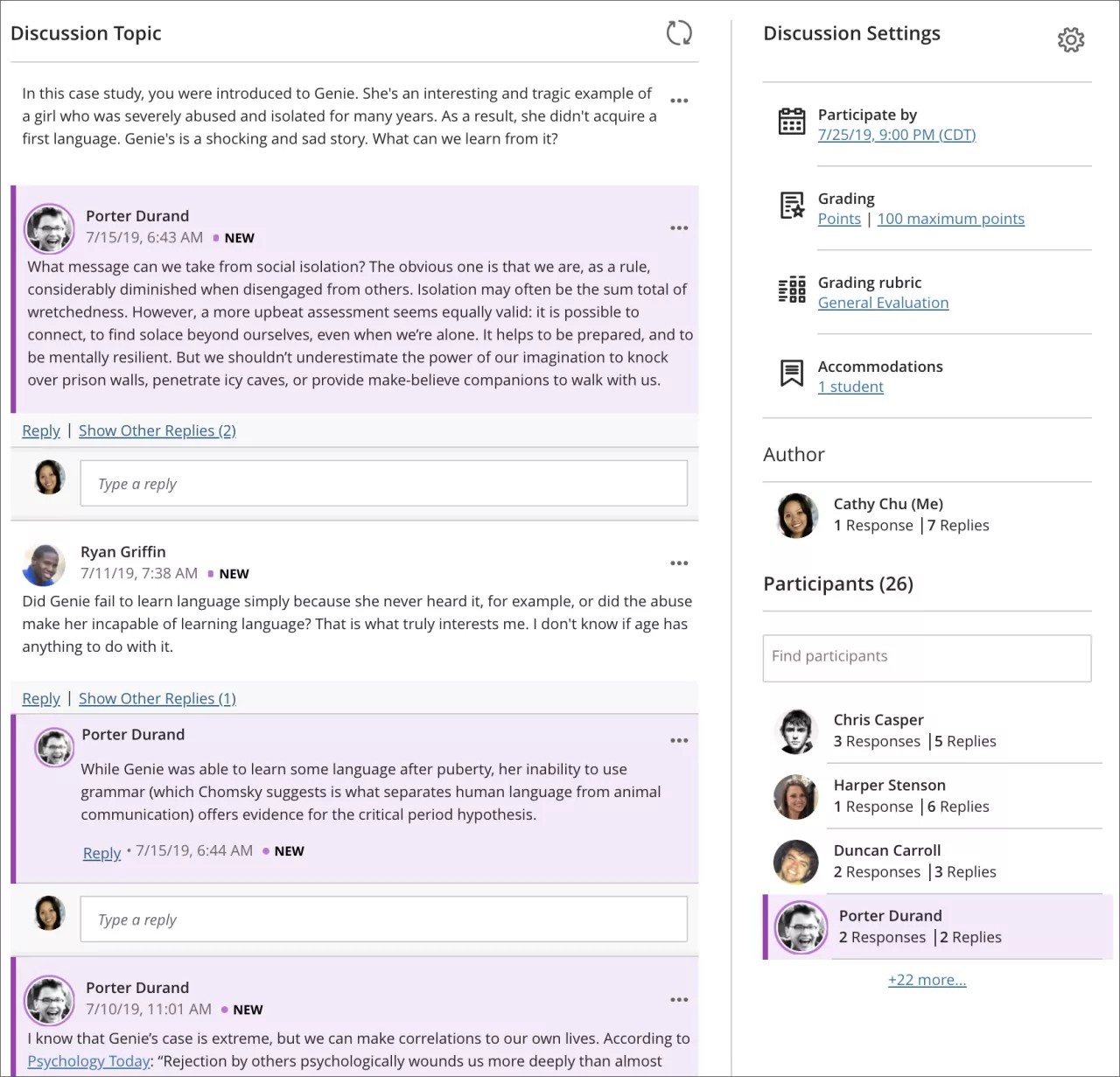 A discussion topic that is filtered to include posts and replies by a specific student.