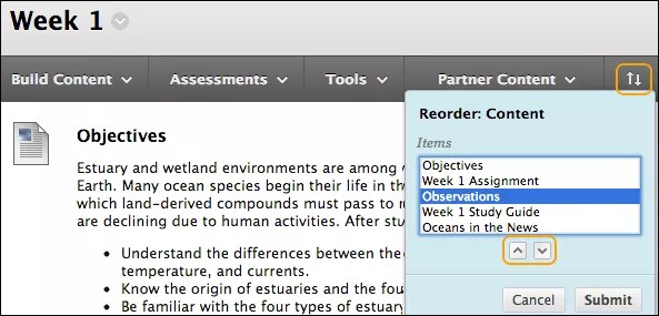 Select the reorder icon to open the Reorder: Content menu