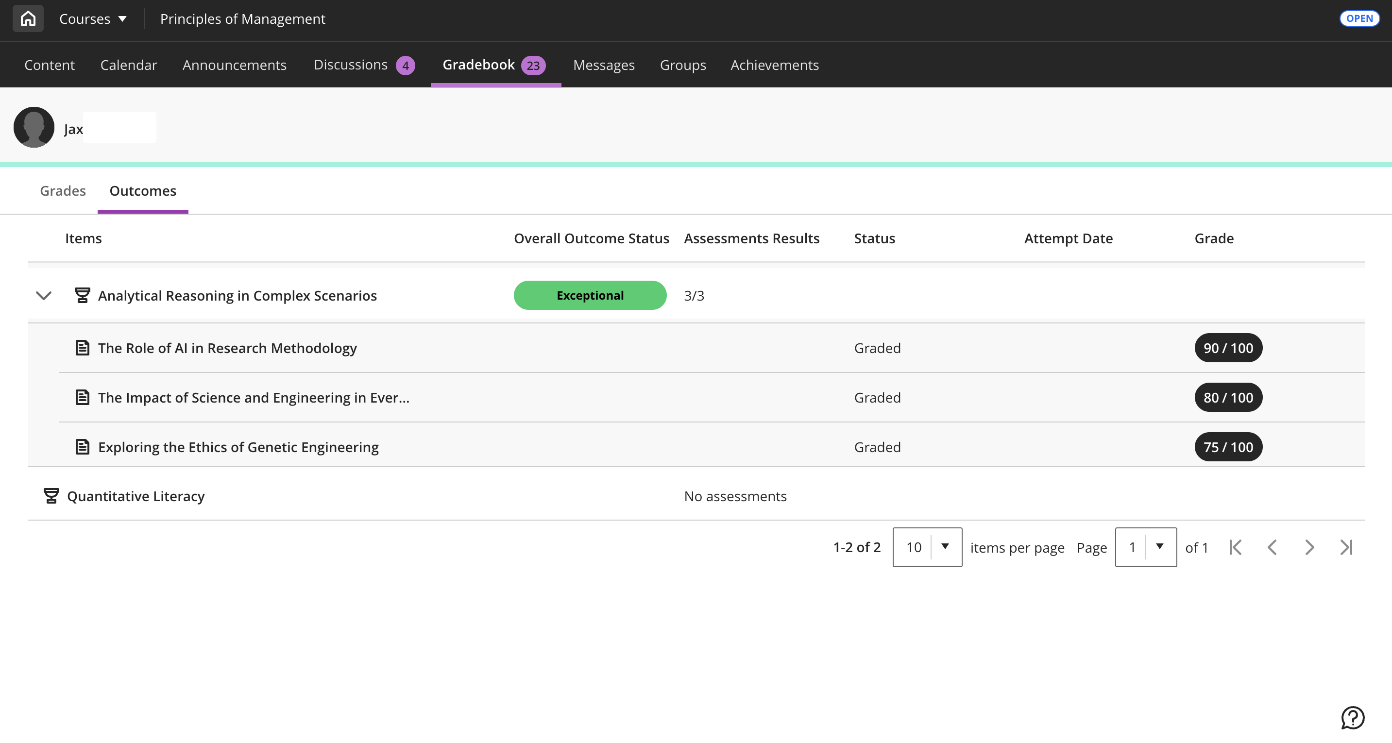 The Outcomes tab in the Gradebook has a grid structure with information such as the outcome name, overall outcome status, assessment results, status, attempt date, and grade