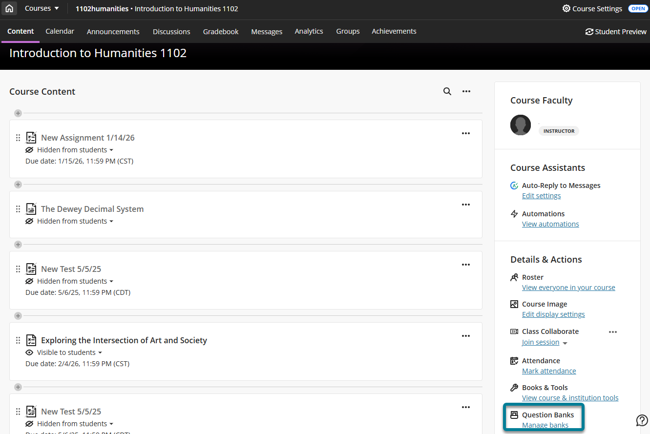 Location of Manage banks highlighted in the Details & Actions panel on the left of the Course Content page